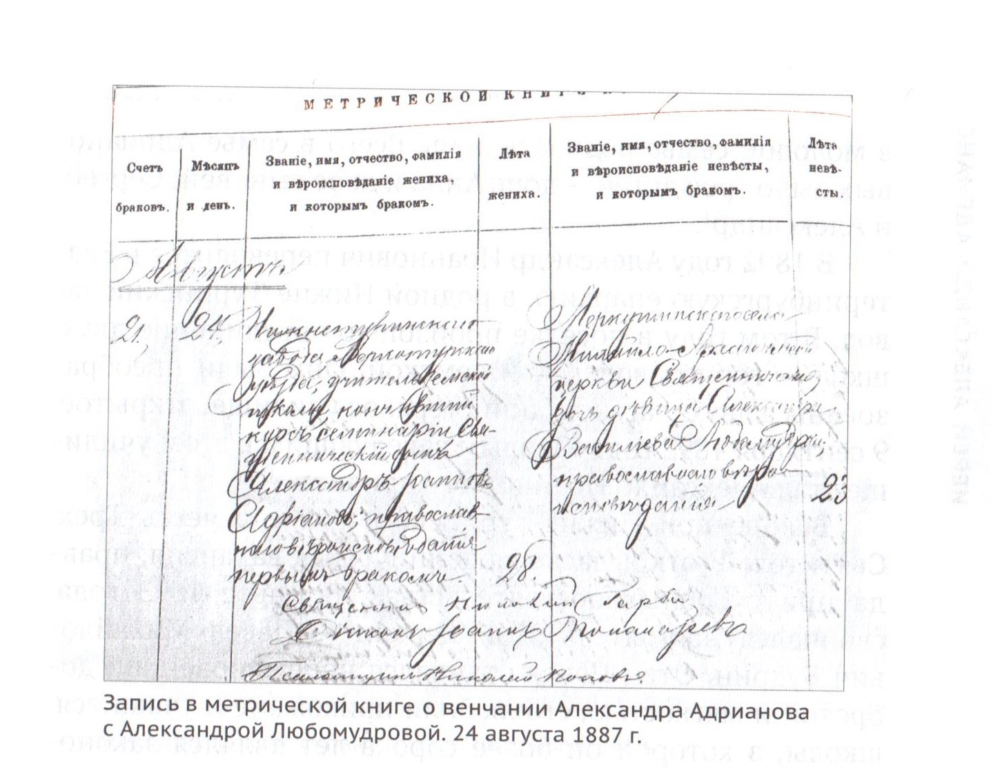 Запись в Метрической книге о венчании Александра Адрианова с Александрой Любомудровой